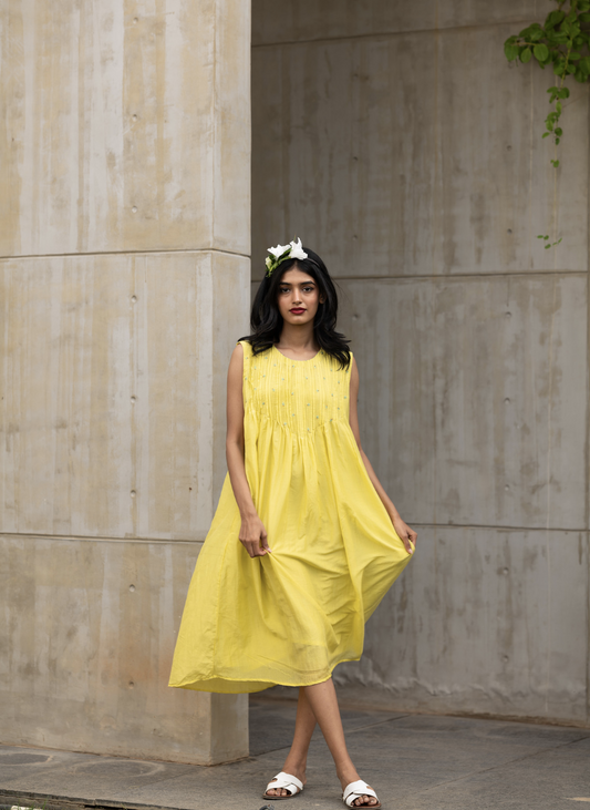 Yellow Sleeveless Cotton Silk Dress by Araayeh with Artisan Made, Cotton Silk, Evening Wear, Sleeveless Dresses, Solids, Yellow at Kamakhyaa for sustainable fashion