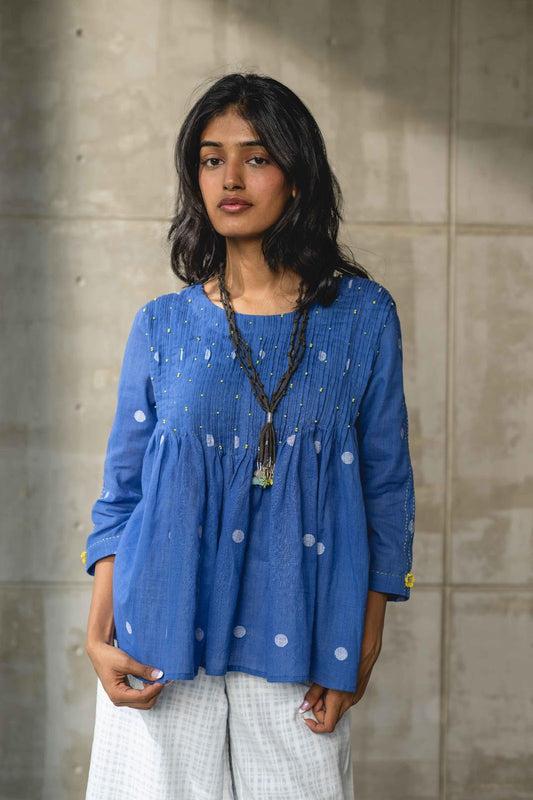Blue Gathered Pin Tuck Top by Araayeh with Artisan Made, Blue, Casual Wear, Handwoven Cotton Jamdani, Polka Dots, Tunic Tops at Kamakhyaa for sustainable fashion