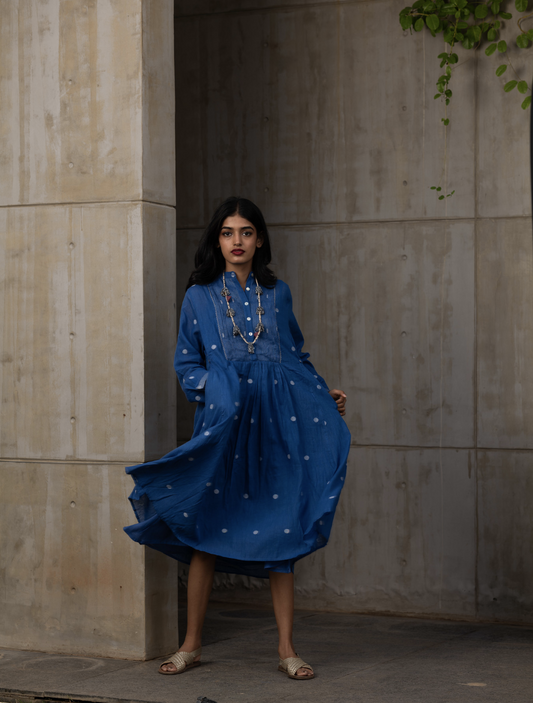 Blue Gathered Midi Dress with Polka Dots by Araayeh with Artisan Made, Blue, Handwoven Cotton, Midi Dresses, Polka Dots, Work Wear at Kamakhyaa for sustainable fashion