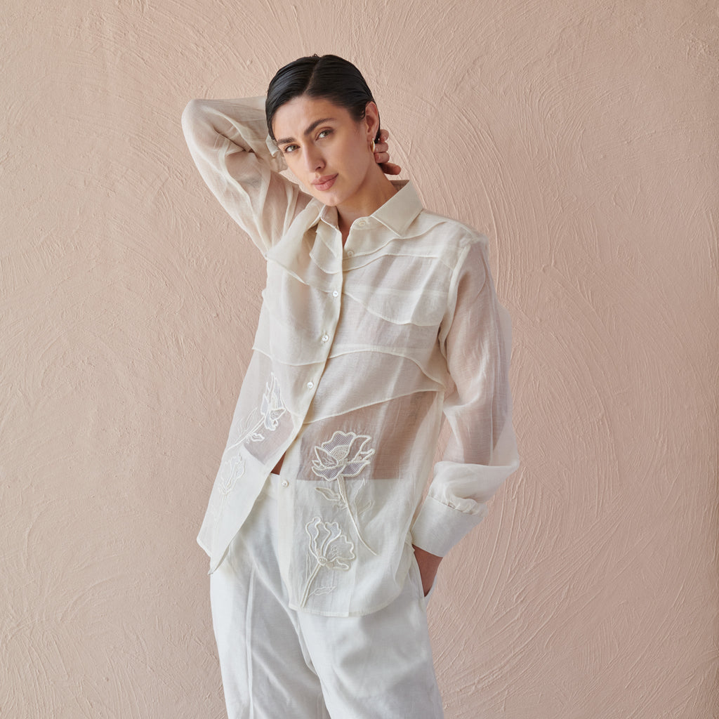 Moon Ripple by The Loom Art with Chanderi, Fluer De Code by The Loom Art, Hand Embroidered, White at Kamakhyaa for sustainable fashion