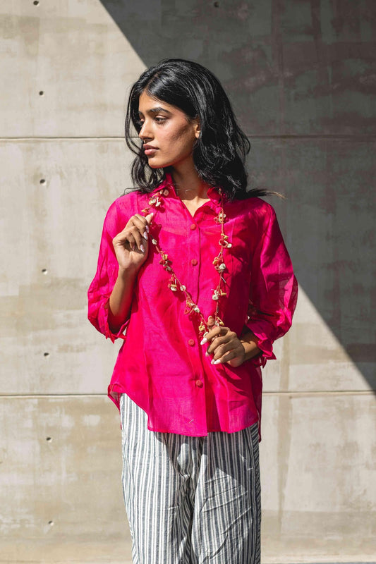 Fuschia Pink Handwoven Chanderi Shirt by Araayeh with Artisan Made, Handwoven Chanderi, Office wear, Pink, Shirts, Solids at Kamakhyaa for sustainable fashion