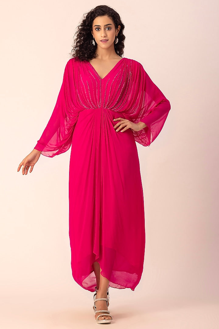 Georgette Red Drape Dress by Ewoke with Draped Dress, Formal wear, Georgette, Nostalgia's Thread by Ewoke, Red, red dress, sustainable fashion at Kamakhyaa for sustainable fashion