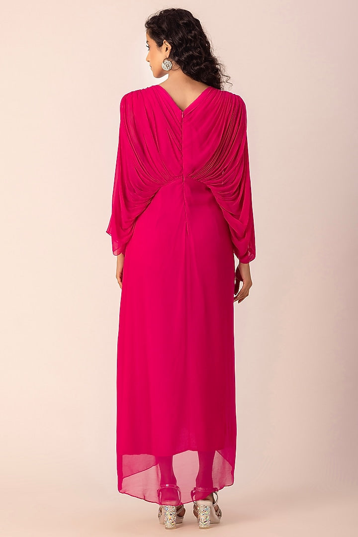 Georgette Red Drape Dress by Ewoke with Draped Dress, Formal wear, Georgette, Nostalgia's Thread by Ewoke, Red, red dress, sustainable fashion at Kamakhyaa for sustainable fashion