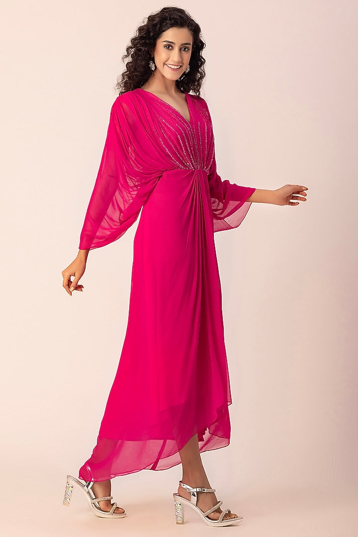 Georgette Red Drape Dress by Ewoke with Draped Dress, Formal wear, Georgette, Nostalgia's Thread by Ewoke, Red, red dress, sustainable fashion at Kamakhyaa for sustainable fashion