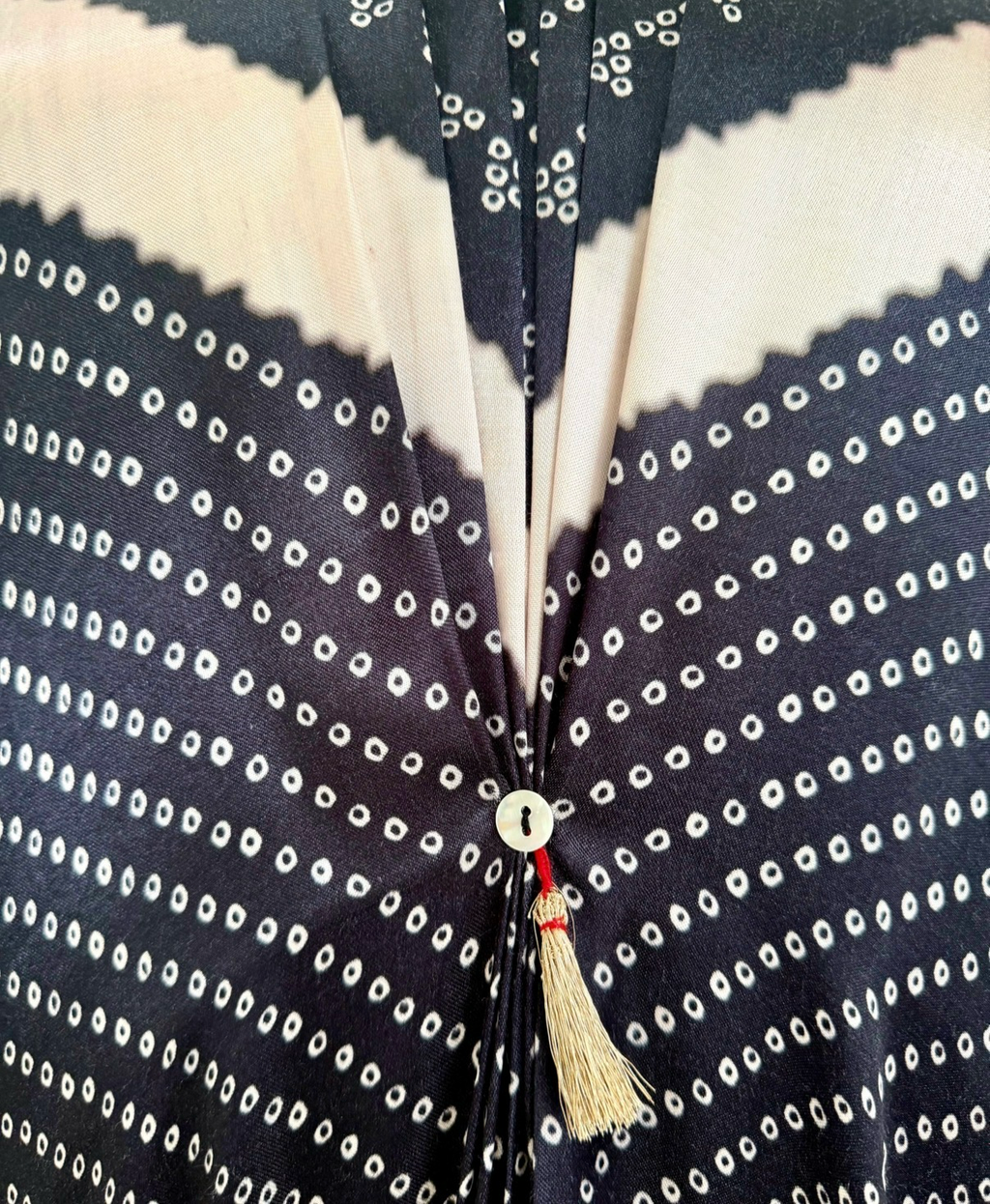 Charcoal, ivory and black Bandhej kaftan fabric detail