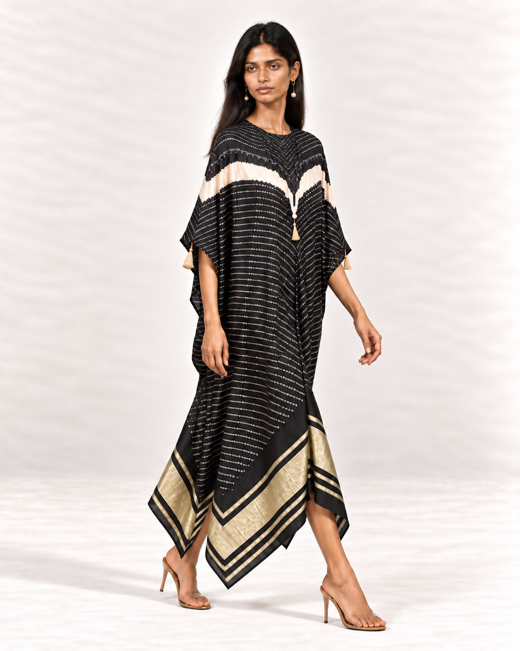 Charcoal, ivory and black Bandhej kaftan on model, right diagonal view