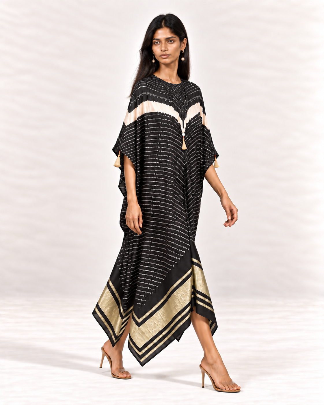 Charcoal, ivory and black Bandhej kaftan on model, right diagonal view