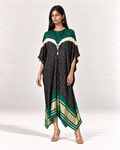 Green, ivory and black Bandhej kaftan on model, front view