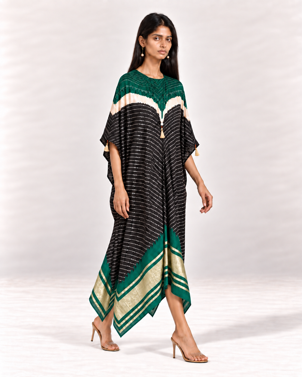 Green, ivory and black Bandhej kaftan on model, right diagonal view