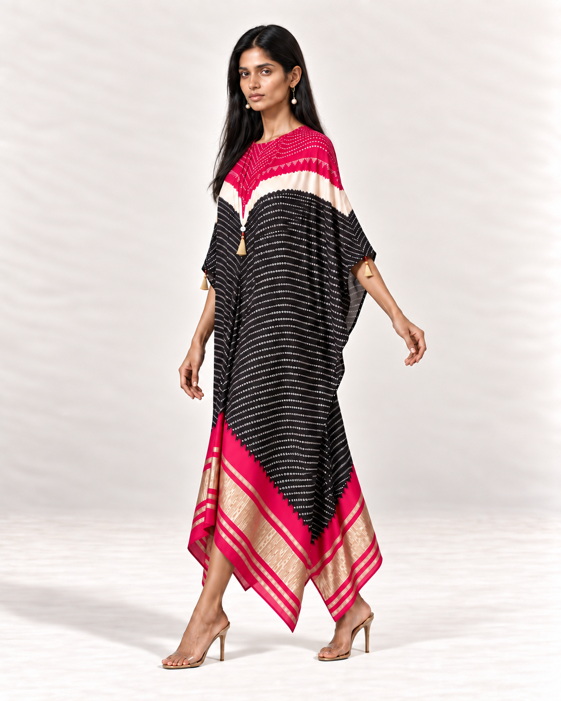 Pink, ivory and black Bandhej kaftan on model, left walking view