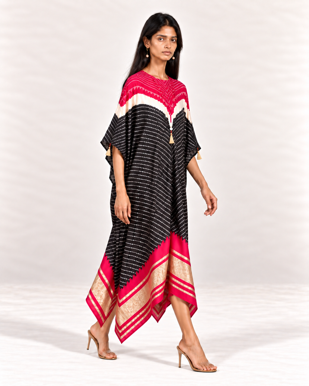 Pink, ivory and black Bandhej kaftan on model, right diagonal view