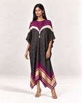 Purple, ivory and black Bandhej kaftan on model, front view