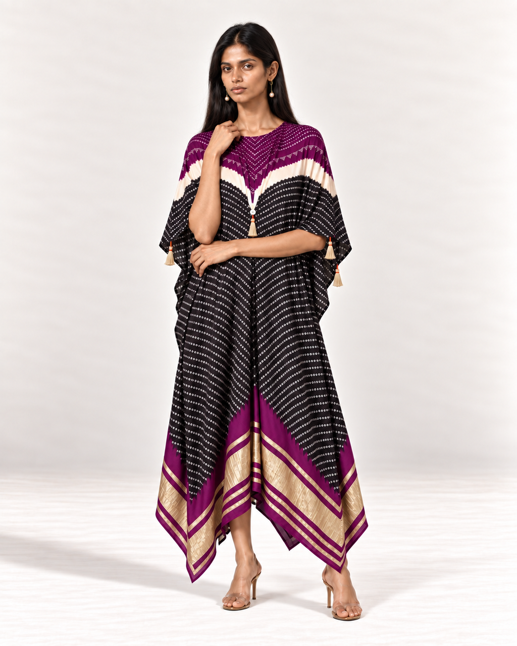 Purple, ivory and black Bandhej kaftan on model, zoomed front view