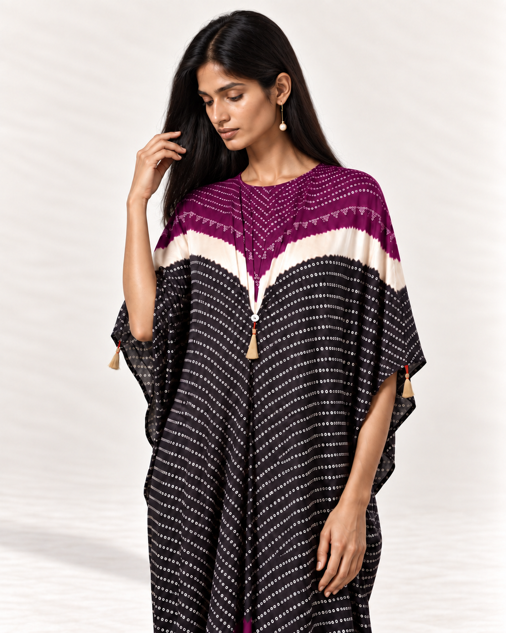 Purple, ivory and black Bandhej kaftan on model, three-quarter detail view