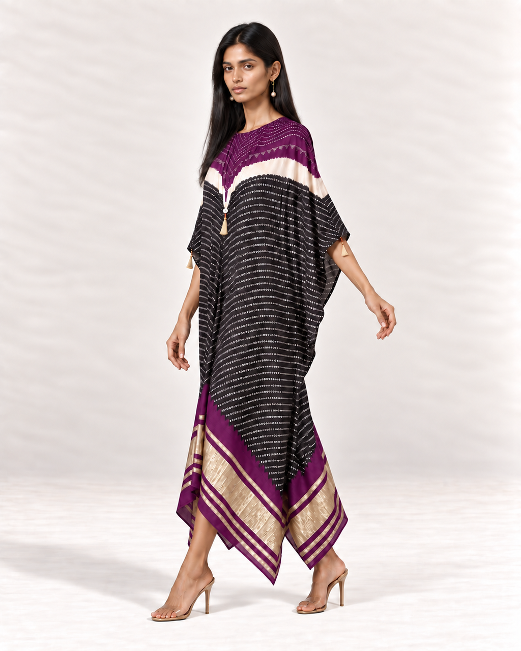 Purple, ivory and black Bandhej kaftan on model, left walking view