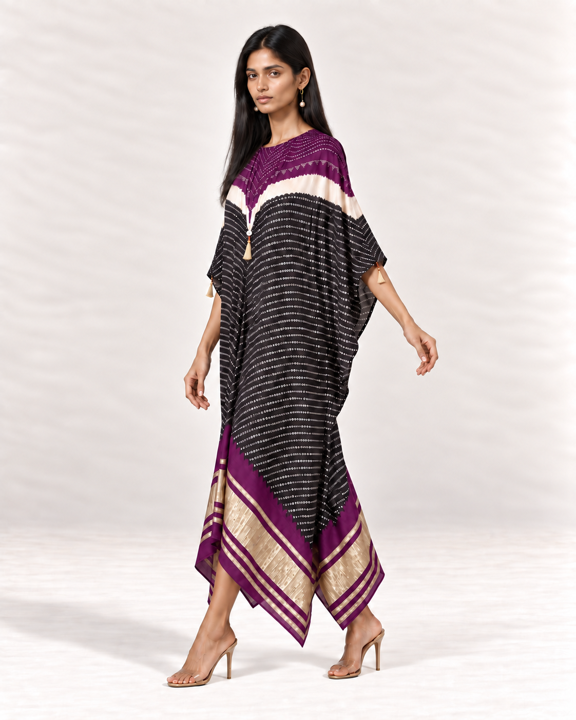 Purple, ivory and black Bandhej kaftan on model, left walking view