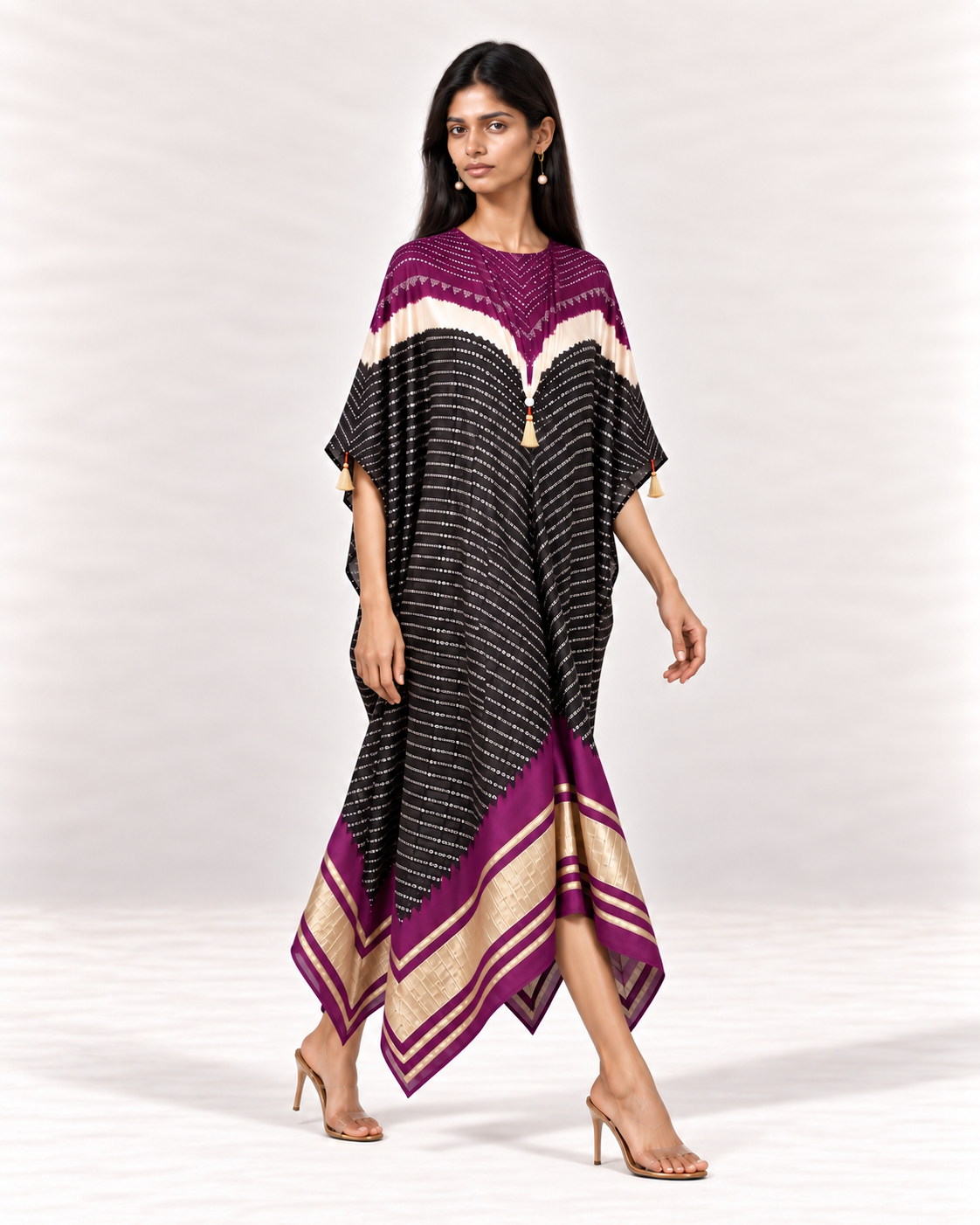 Purple, ivory and black Bandhej kaftan on model, right diagonal view