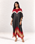Red, ivory and black Bandhej kaftan on model, front view