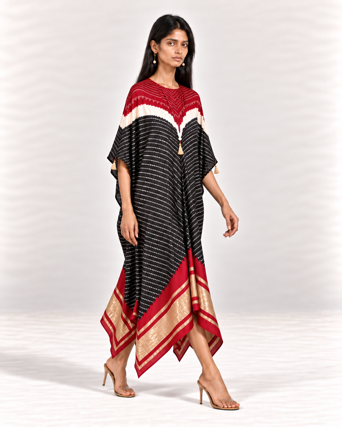 Red, ivory and black Bandhej kaftan on model, right diagonal view