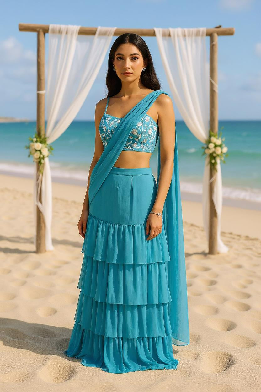 Georgette Teal Embroidered Pre-Drape Saree by Ewoke with Bemberg, bemberg fabric, destination wedding lehengas, draped saree, embroidered lehengas, Georgette, Lehenga set, Nostalgia's Thread by Ewoke, Steal Blue, sustainable fashion at Kamakhyaa for sustainable fashion