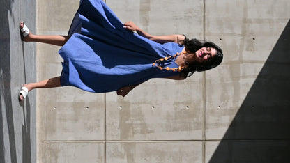 Blue V-Neck Striped Cotton Dress