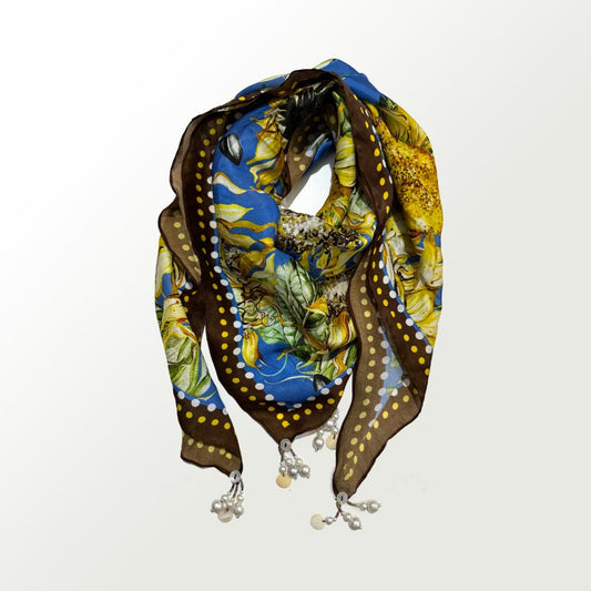 Sun Flower Satin Scarf by devyanimehrotra.com with printed scarf, scarf, scarves at Kamakhyaa for sustainable fashion