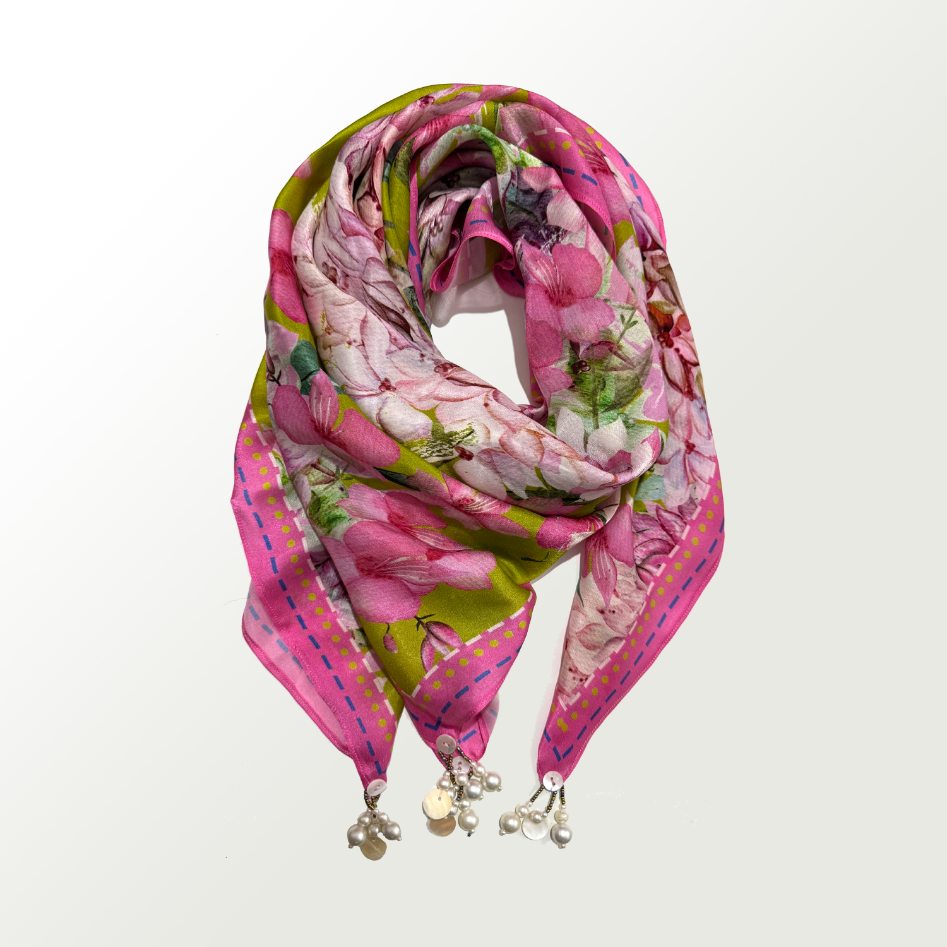 Pink hydrangea Satin Scarf by devyanimehrotra.com with printed scarf, scarf, scarves at Kamakhyaa for sustainable fashion