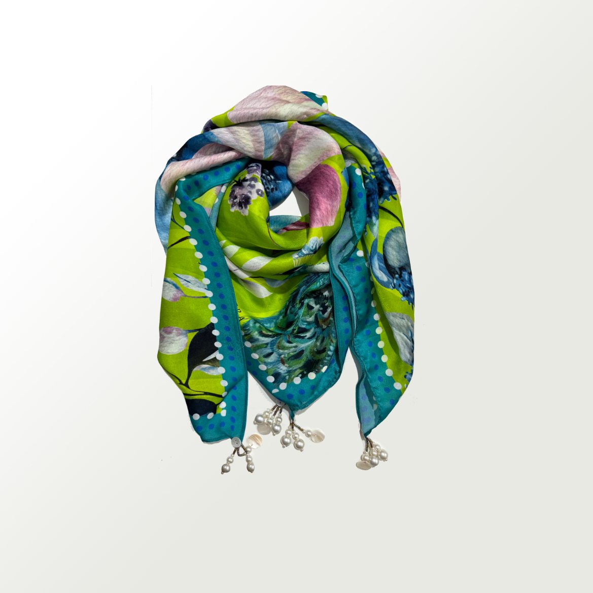 Peacock Floral Satin Scarf by devyanimehrotra.com with printed scarf, scarf, scarves at Kamakhyaa for sustainable fashion