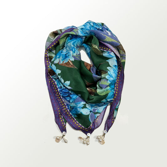 Blue hydrangea Satin Scarf by devyanimehrotra.com with scarf at Kamakhyaa for sustainable fashion