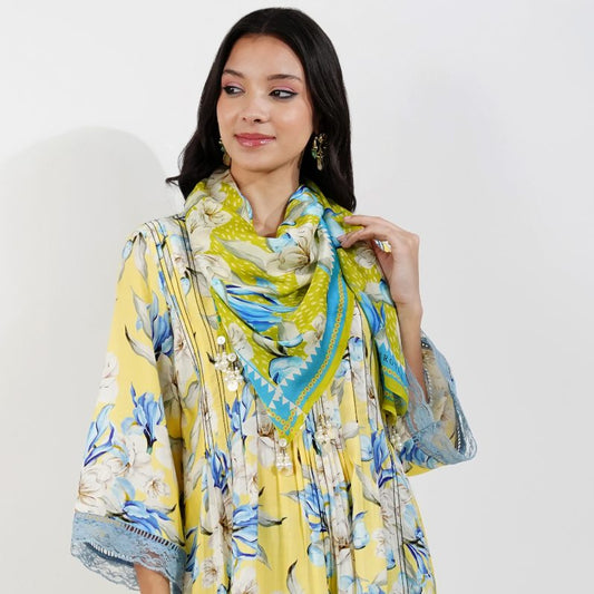 Green Vinatge Floral Satin Scarf by devyanimehrotra.com with scarf at Kamakhyaa for sustainable fashion