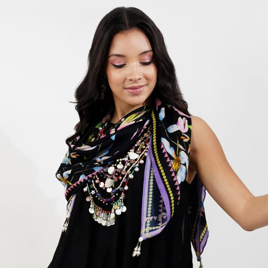 Black Summer Floral Satin Scarf by devyanimehrotra.com with scarf at Kamakhyaa for sustainable fashion