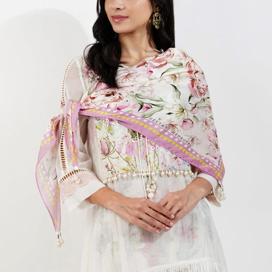 Pink Vintage Floral Satin Scarf by devyanimehrotra.com with scarf at Kamakhyaa for sustainable fashion