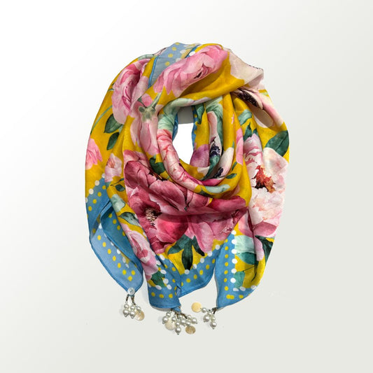 Peony Satin Scarf by devyanimehrotra.com with printed scarf, scarf at Kamakhyaa for sustainable fashion