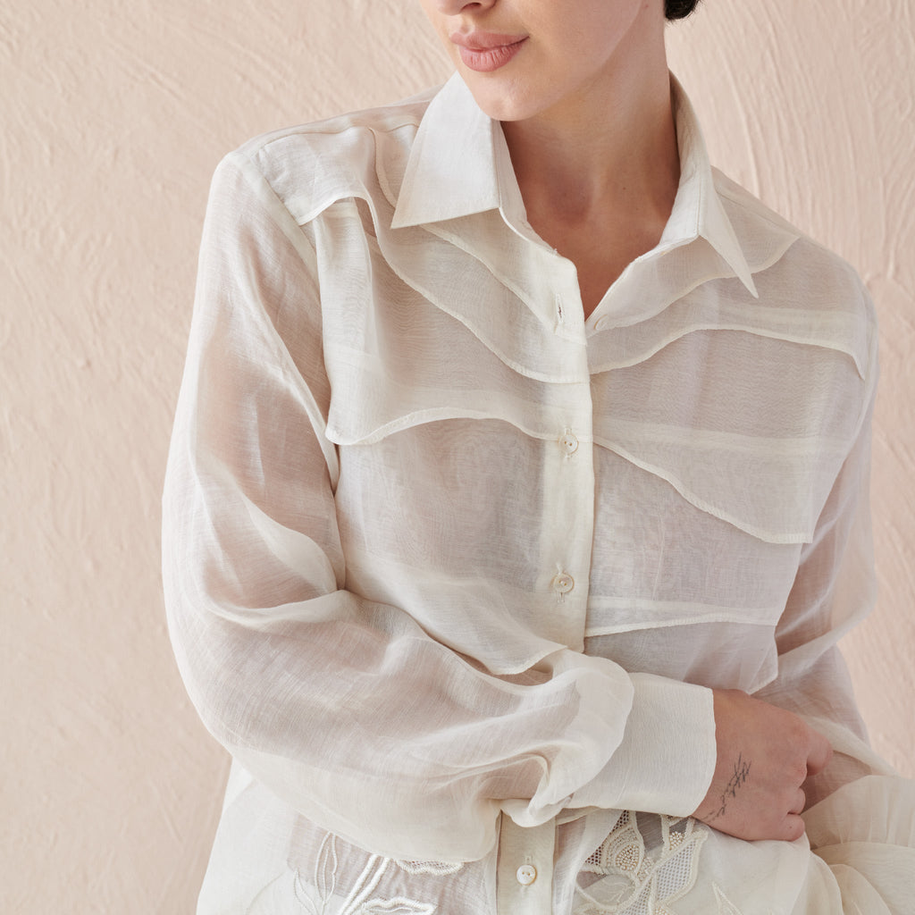 Moon Ripple by The Loom Art with Chanderi, Fluer De Code by The Loom Art, Hand Embroidered, White at Kamakhyaa for sustainable fashion