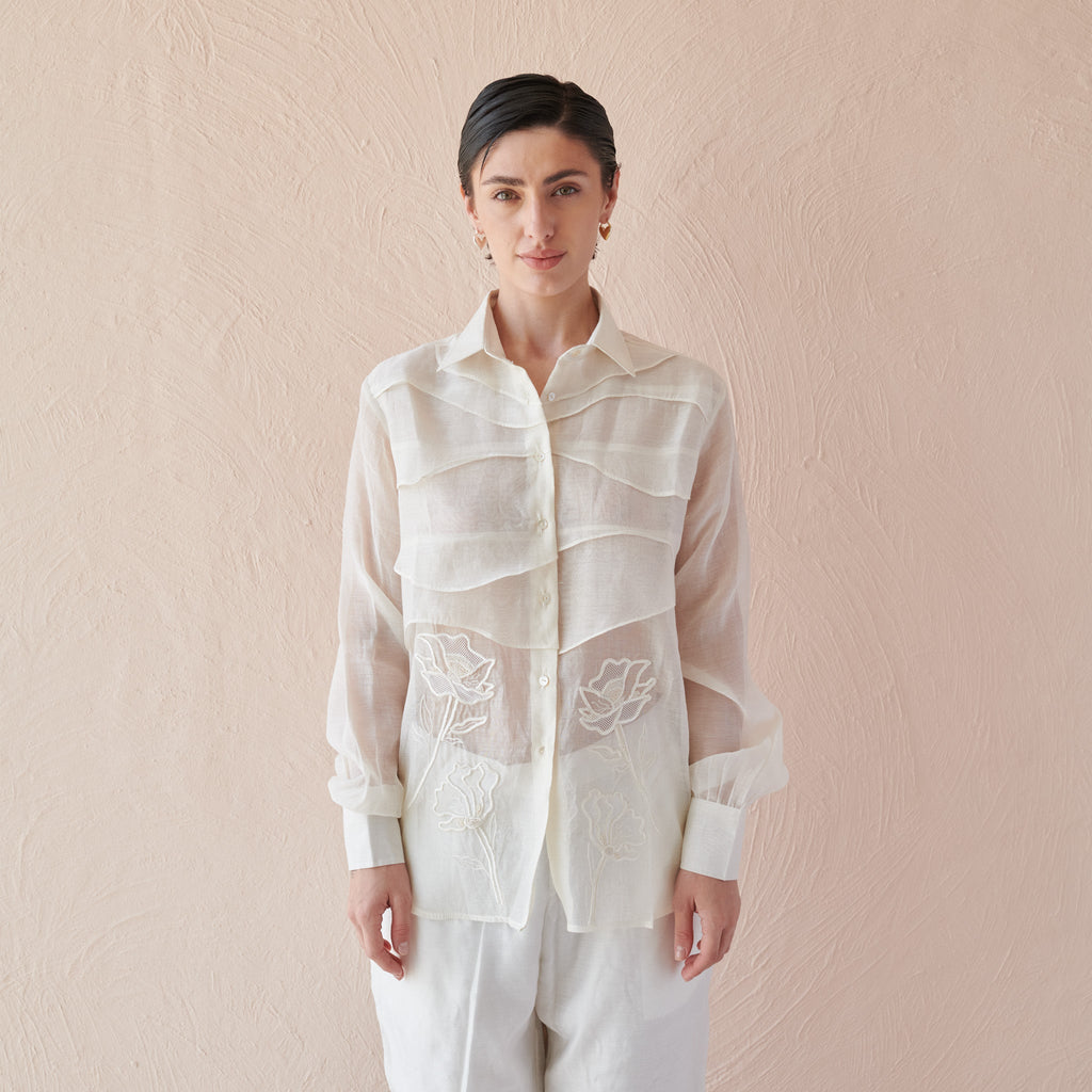 Moon Ripple by The Loom Art with Chanderi, Fluer De Code by The Loom Art, Hand Embroidered, White at Kamakhyaa for sustainable fashion