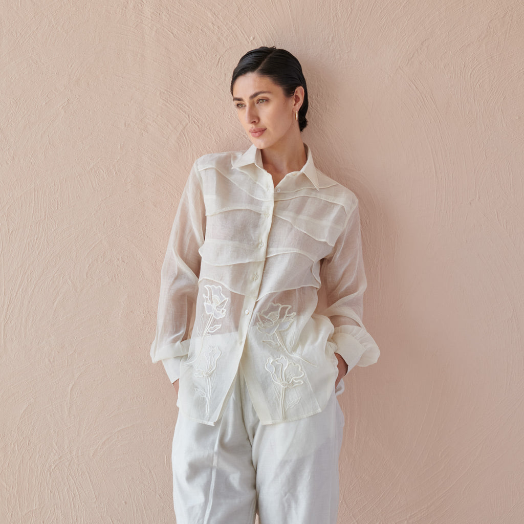 Moon Ripple by The Loom Art with Chanderi, Fluer De Code by The Loom Art, Hand Embroidered, White at Kamakhyaa for sustainable fashion