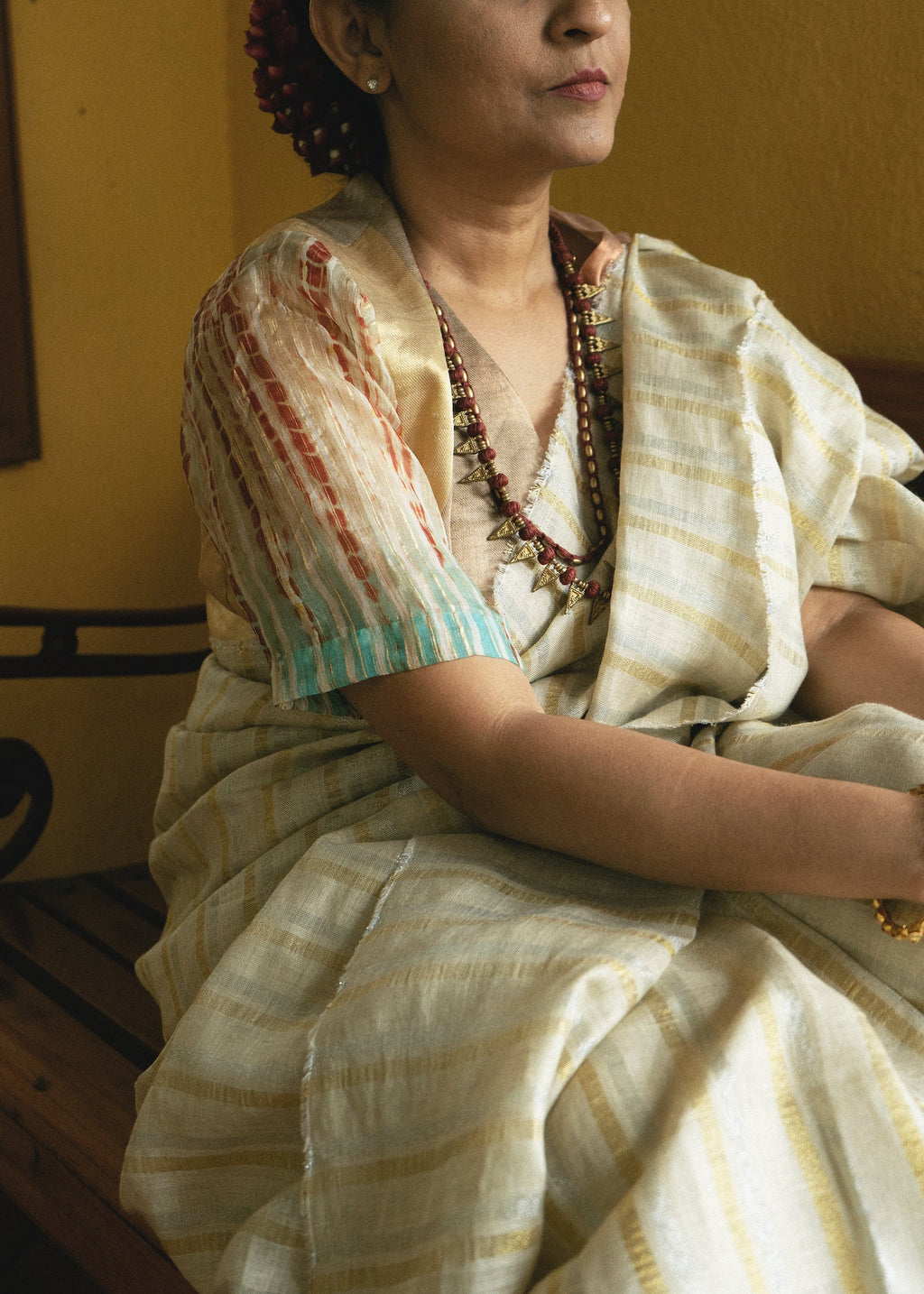 Golden Silver Saree Kasturi by Aeka with Festive Wear, For Mother, Gold, Indian Wear, Linen, Natural, Patchwork, Regular Fit, Saree Sets, Silver, Womenswear at Kamakhyaa for sustainable fashion