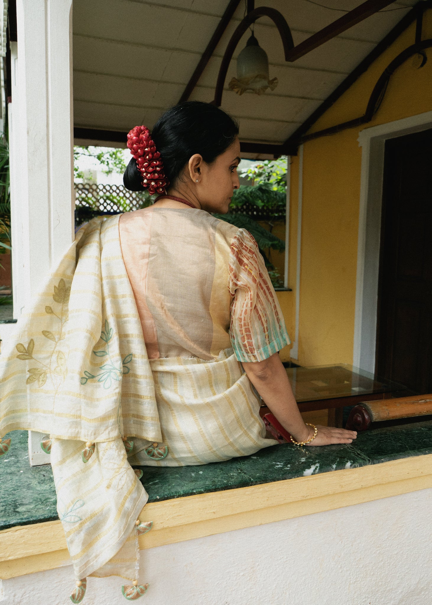 Golden Silver Saree Kasturi by Aeka with Festive Wear, For Mother, Gold, Indian Wear, Linen, Natural, Patchwork, Regular Fit, Saree Sets, Silver, Womenswear at Kamakhyaa for sustainable fashion