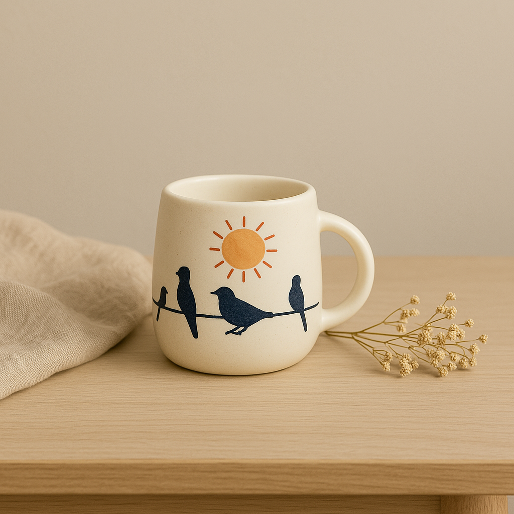 Golden Dawn Mug – Handcrafted Ceramic Mug with Sun & Birds on a Wire Illustration by Aetherea World with at Kamakhyaa for sustainable fashion