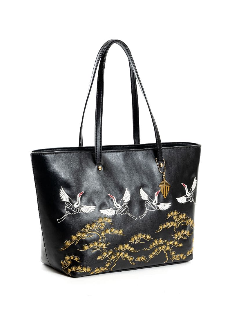 Black Embroidered Tote Bag by Green Hermitage with Back, Cactus Leather, Embroidered, Free Size, Hemp, Lyocell, Office Wear, Recycled, Tote Bags at Kamakhyaa for sustainable fashion