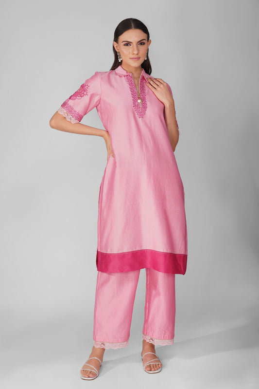 Pink Chanderi Collar Tunic With Pant Set by Devyani Mehrotra with Chanderi, Embellished, Indian Wear, Natural, Party Wear, Pink, Regular Fit, Womenswear at Kamakhyaa for sustainable fashion
