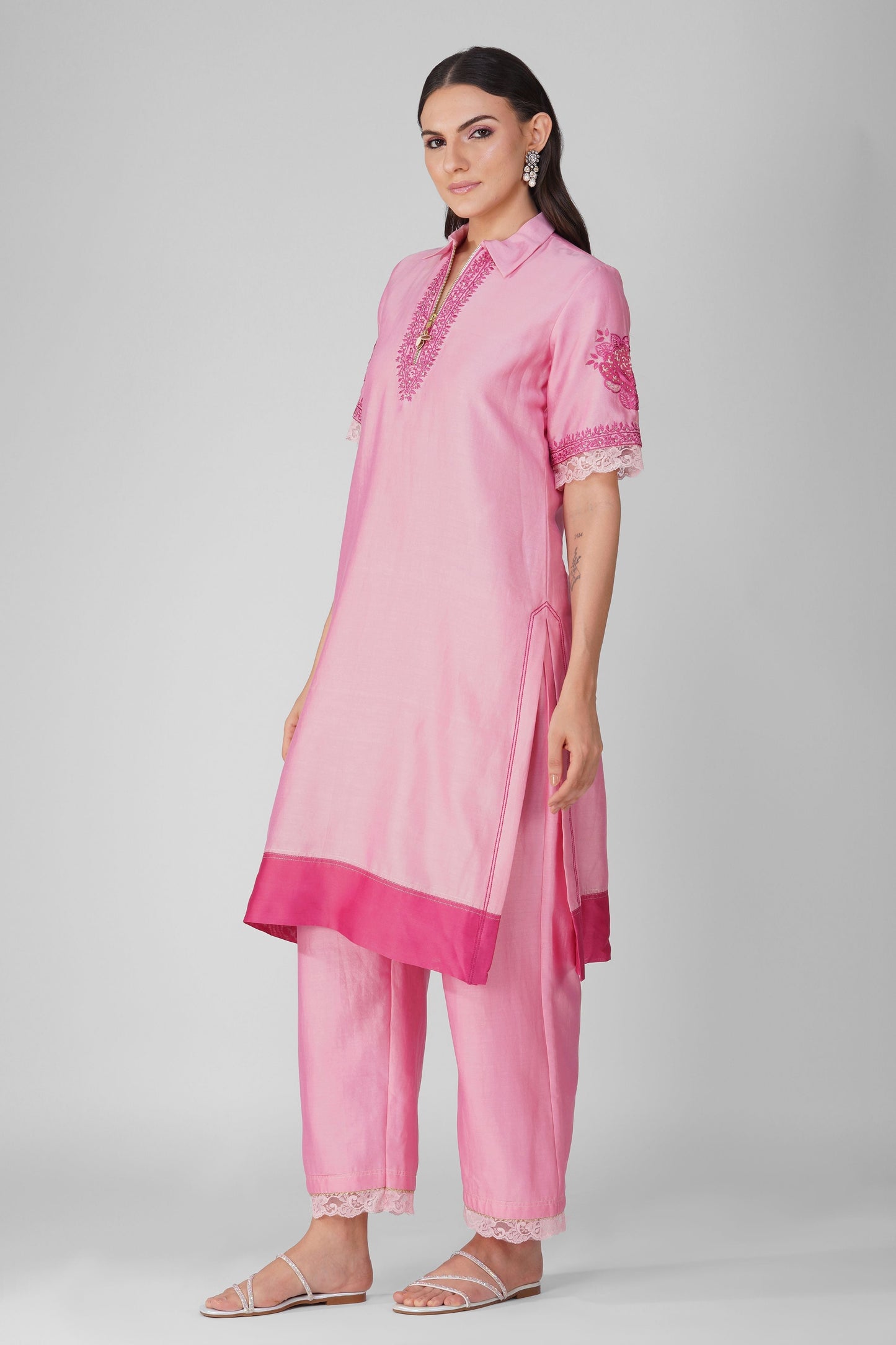 Pink Chanderi Collar Tunic With Pant Set by Devyani Mehrotra with Chanderi, Embellished, Indian Wear, Natural, Party Wear, Pink, Regular Fit, Womenswear at Kamakhyaa for sustainable fashion