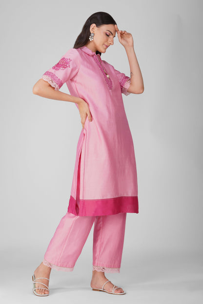 Pink Chanderi Collar Tunic With Pant Set by Devyani Mehrotra with Chanderi, Embellished, Indian Wear, Natural, Party Wear, Pink, Regular Fit, Womenswear at Kamakhyaa for sustainable fashion