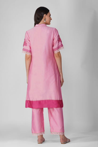 Pink Chanderi Collar Tunic With Pant Set by Devyani Mehrotra with Chanderi, Embellished, Indian Wear, Natural, Party Wear, Pink, Regular Fit, Womenswear at Kamakhyaa for sustainable fashion