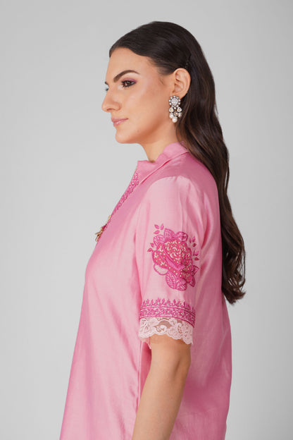 Pink Chanderi Collar Tunic With Pant Set by Devyani Mehrotra with Chanderi, Embellished, Indian Wear, Natural, Party Wear, Pink, Regular Fit, Womenswear at Kamakhyaa for sustainable fashion