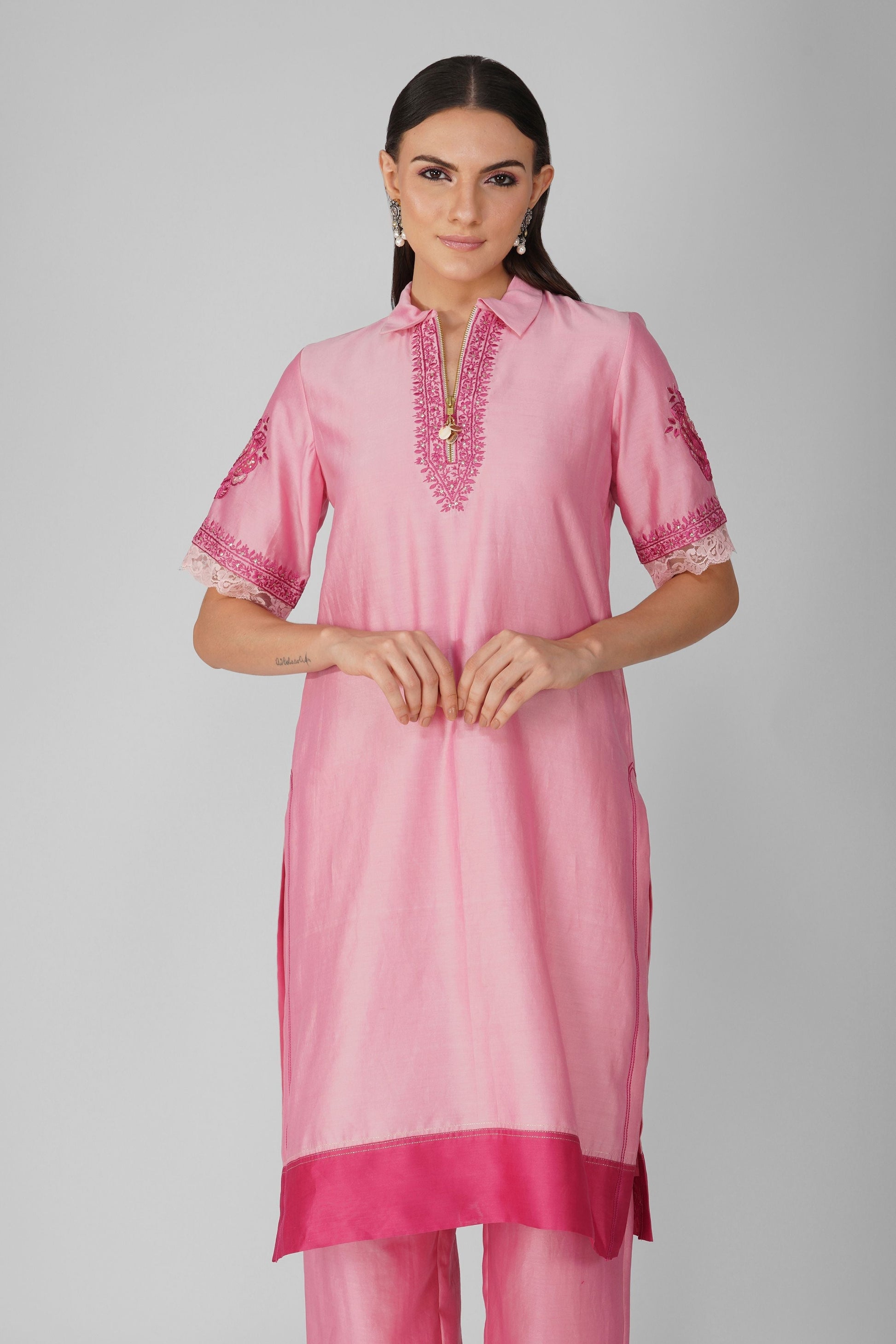 Pink Chanderi Collar Tunic With Pant Set by Devyani Mehrotra with Chanderi, Embellished, Indian Wear, Natural, Party Wear, Pink, Regular Fit, Womenswear at Kamakhyaa for sustainable fashion