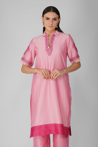 Pink Chanderi Collar Tunic With Pant Set by Devyani Mehrotra with Chanderi, Embellished, Indian Wear, Natural, Party Wear, Pink, Regular Fit, Womenswear at Kamakhyaa for sustainable fashion