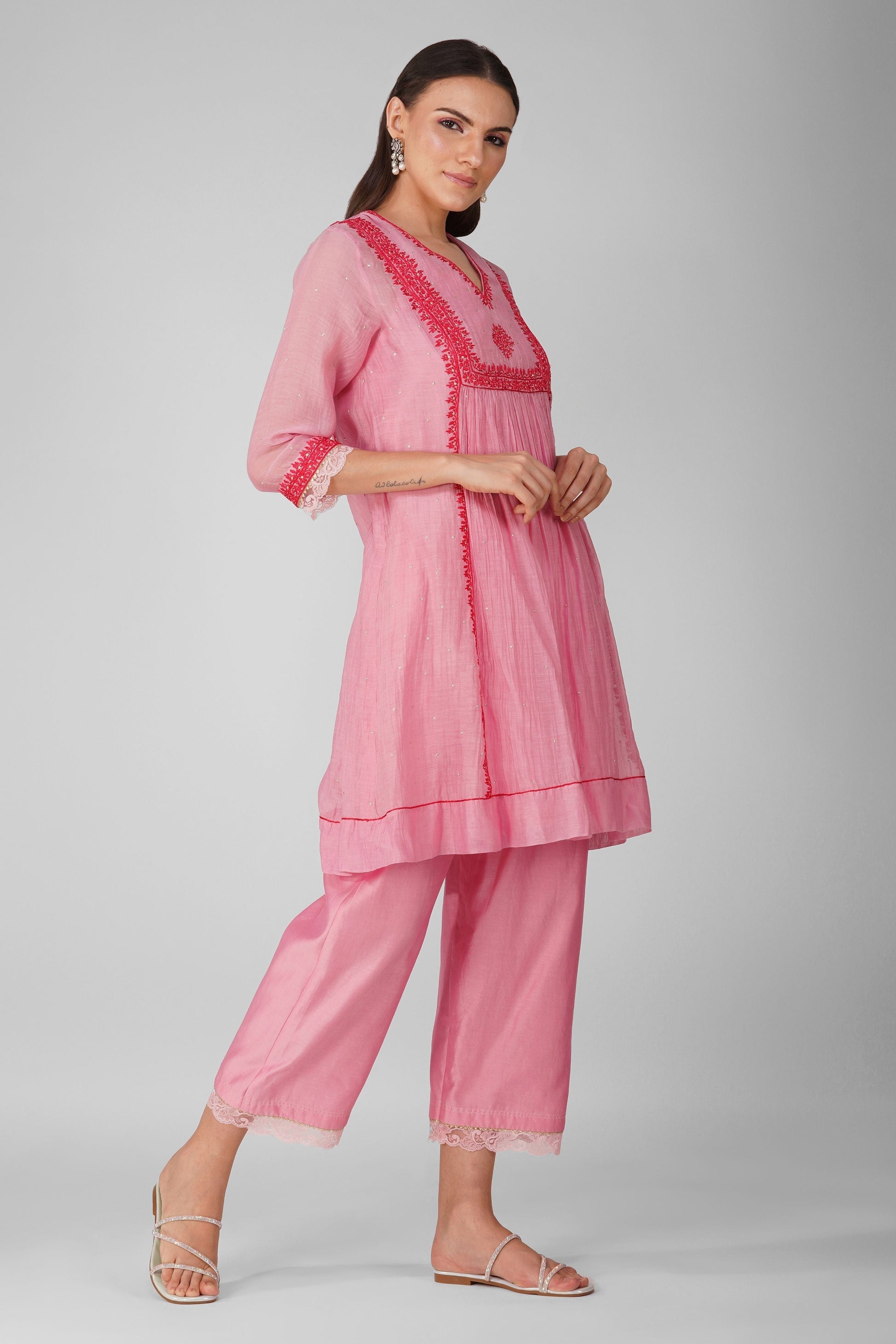 Pink Chanderi Panelled Tunic Pant Set by Devyani Mehrotra with Chanderi, Embellished, Indian Wear, Natural, Party Wear, Pink, Regular Fit, Womenswear at Kamakhyaa for sustainable fashion
