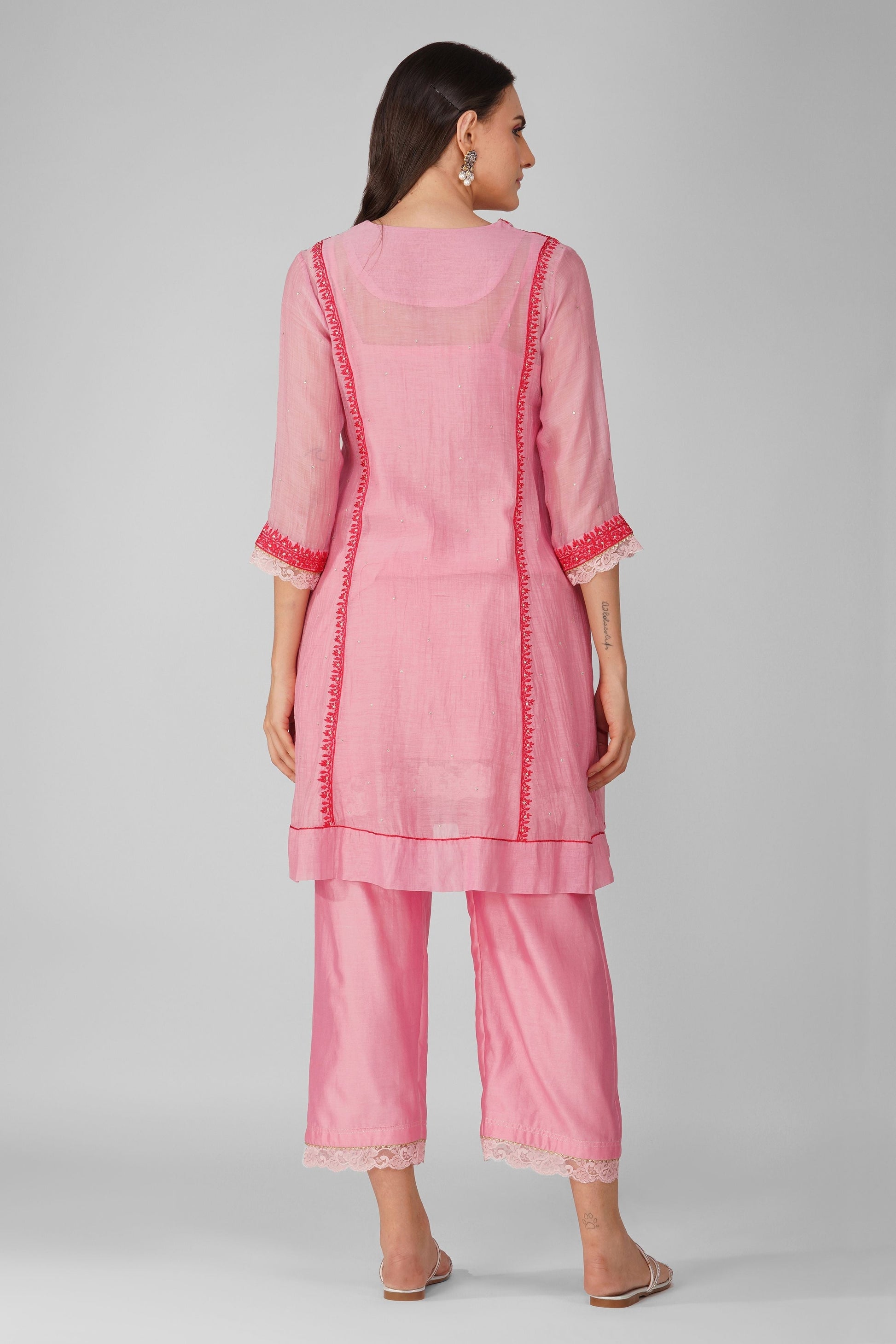Pink Chanderi Panelled Tunic Pant Set by Devyani Mehrotra with Chanderi, Embellished, Indian Wear, Natural, Party Wear, Pink, Regular Fit, Womenswear at Kamakhyaa for sustainable fashion