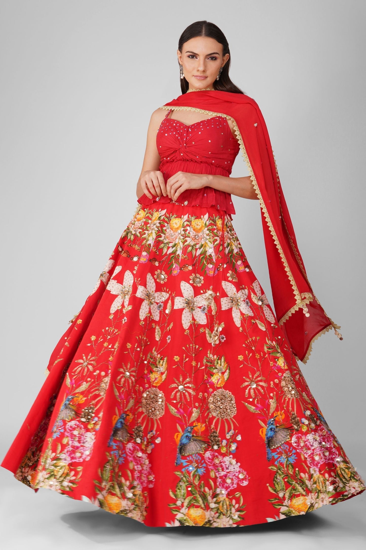 Red Chanderi Printed Lehenga Set by Devyani Mehrotra with Chanderi, Embellished, Indian Wear, Modal Satin, Multicolor, Natural, Party Wear, Red, Regular Fit, Womenswear at Kamakhyaa for sustainable fashion